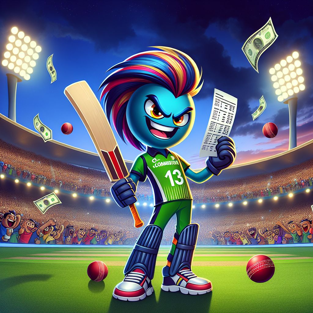 111btk sports betting cartoon character holding a cricket bat and winning tickets