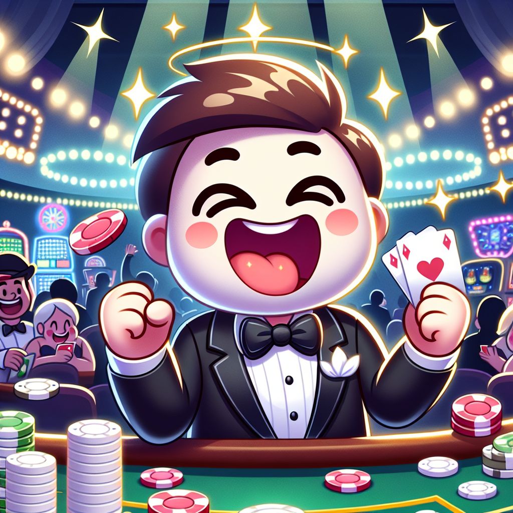 111btk Casino cartoon character winning jackpot with gold coins
