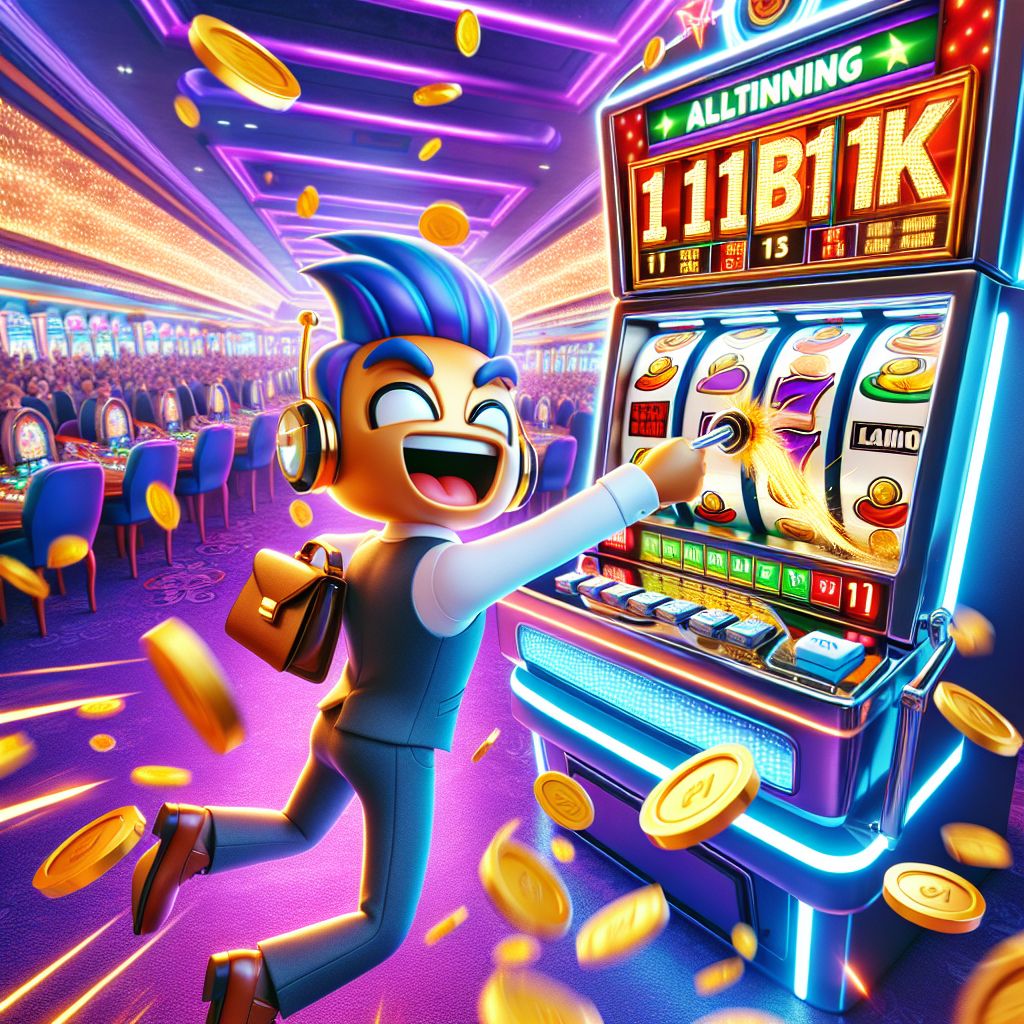 Cartoon character hitting a massive jackpot on a 111btk slot machine